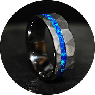 Blue Ice Opal Ring, Hammered Tungsten 8mm