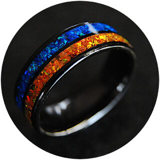 8mm Blue Ice & Orange Fire Dual Channel Opal Ring - Yin Yang