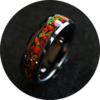 Flamed Red & Gold Opal Ring, Black Ceramic
