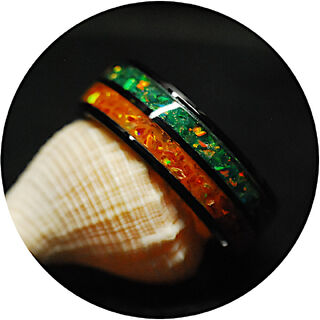 Orange & Green Opal Ring, Black Ceramic