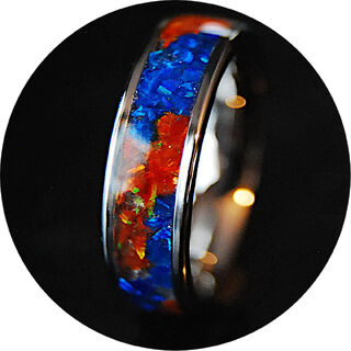 Stainless Steel Flat Edge Opal Ring Orange & Blue