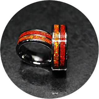 Orange & Red Opal Tungsten Ring Set
