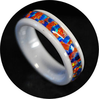 Fire & Ice Opal Ring on White Ceramic Band