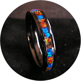 Black Ceramic Opal Ring Orange Blue